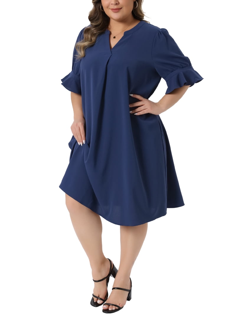knee length dresses for ladies Mac Duggal - Green Chiffon Bishop Sleeve Surplice Dress (Plus)