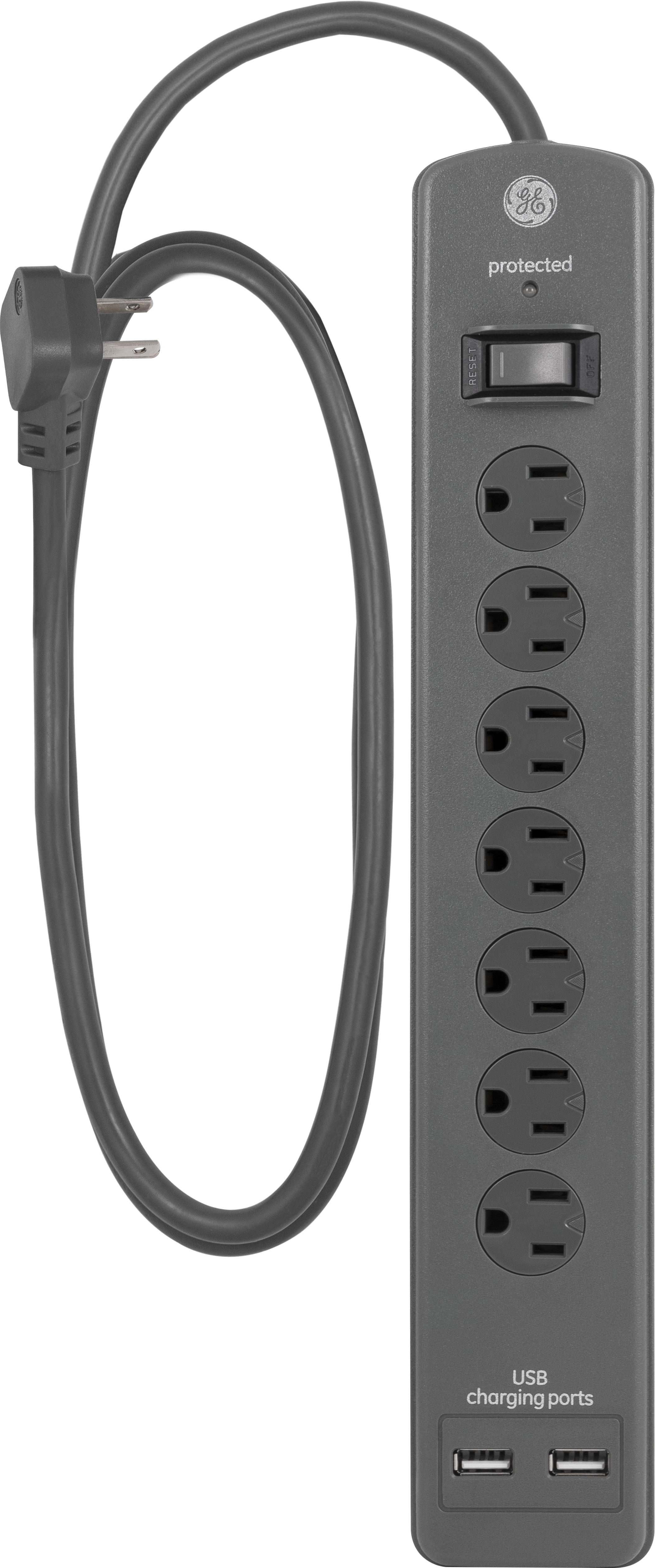GE 7-Grounded Outlet Surge Protector, 2 USB, 4 ft., Gray - 53276