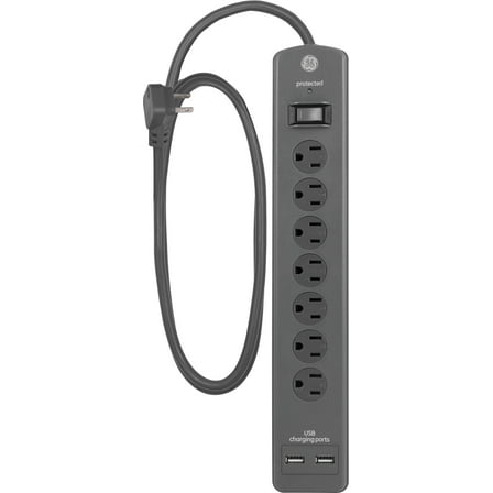 GE 4ft 7-Grounded Outlet Surge Protector, 2 USB, Gray - 53276