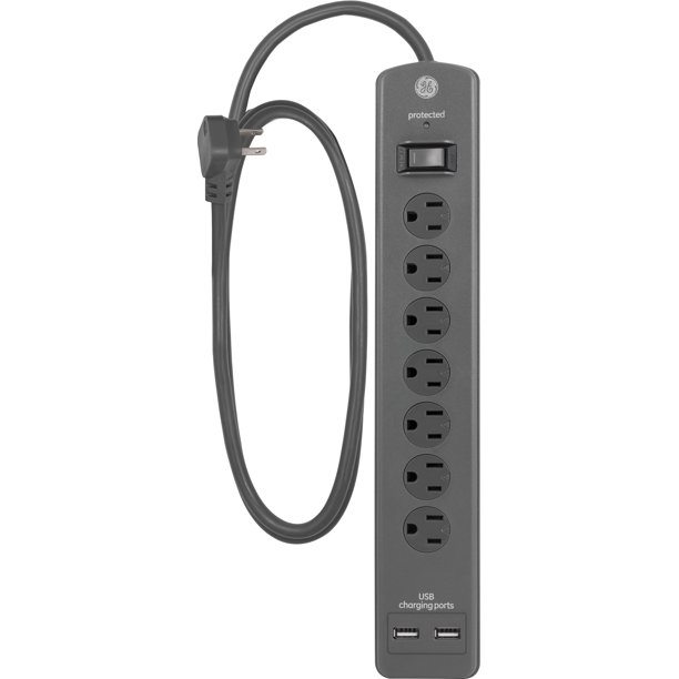GE 4ft 7Grounded Outlet Surge Protector, 2 USB, Gray 53276