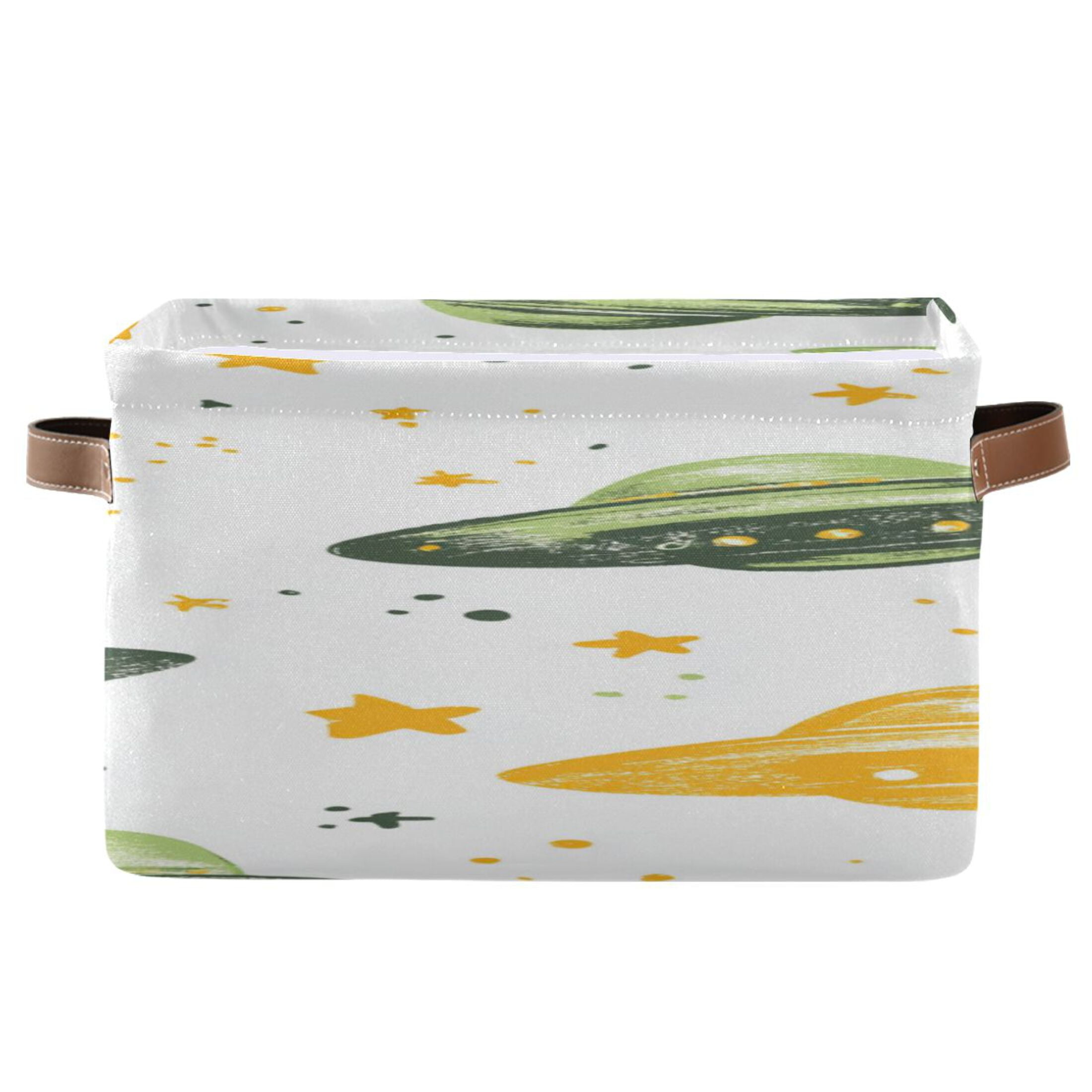 Green Yellow Ufos Crayon Painted Square Storage Bins with Handles Collapsible Containing Box 2 Packs