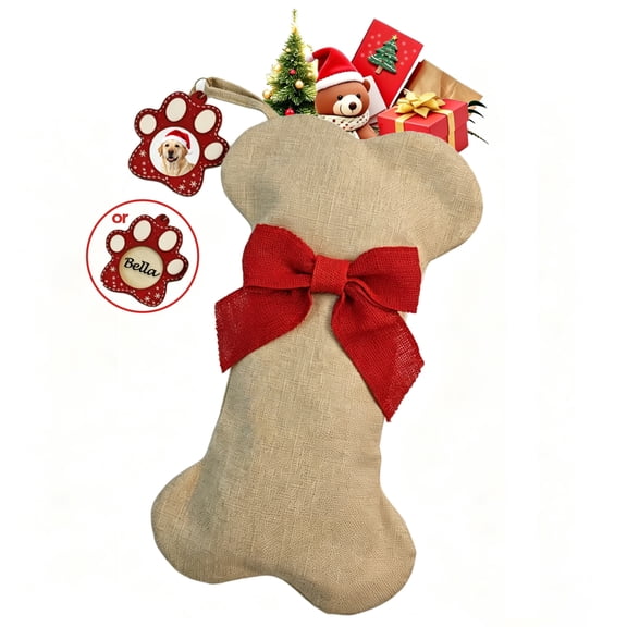 BellaNotes Linen dog Christmas stocking, with a dog paw photo frame decoration, suitable for dogs, large pet Christmas hanging stocking
