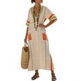 thumbnail image 4 of Uootdi Womens Dresses Color Block Stripe 3/4 Sleeve Pocket Relaxed Fit Kaftans Maxi Dresses Vacation Wear Gift, 4 of 5