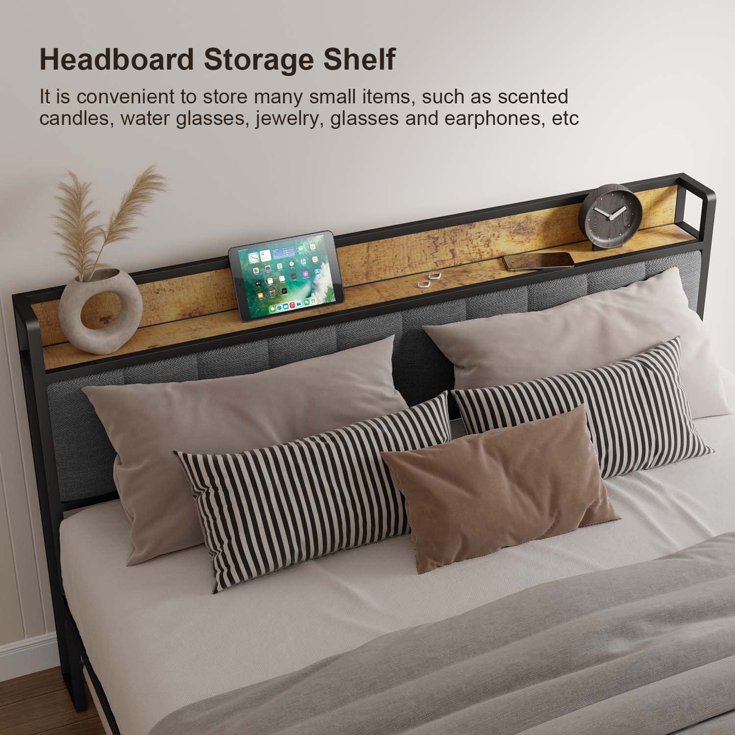 Full Size Bed Frame, Lofka Full Platform Bed Frame with Storage Headboard, Modern Bedroom Furniture, Dark Gray