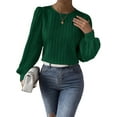thumbnail image 3 of Women'S Long Sleeve Scoop Neck Pleated Front Fitted Blouse Tops Dark Green M, 3 of 9