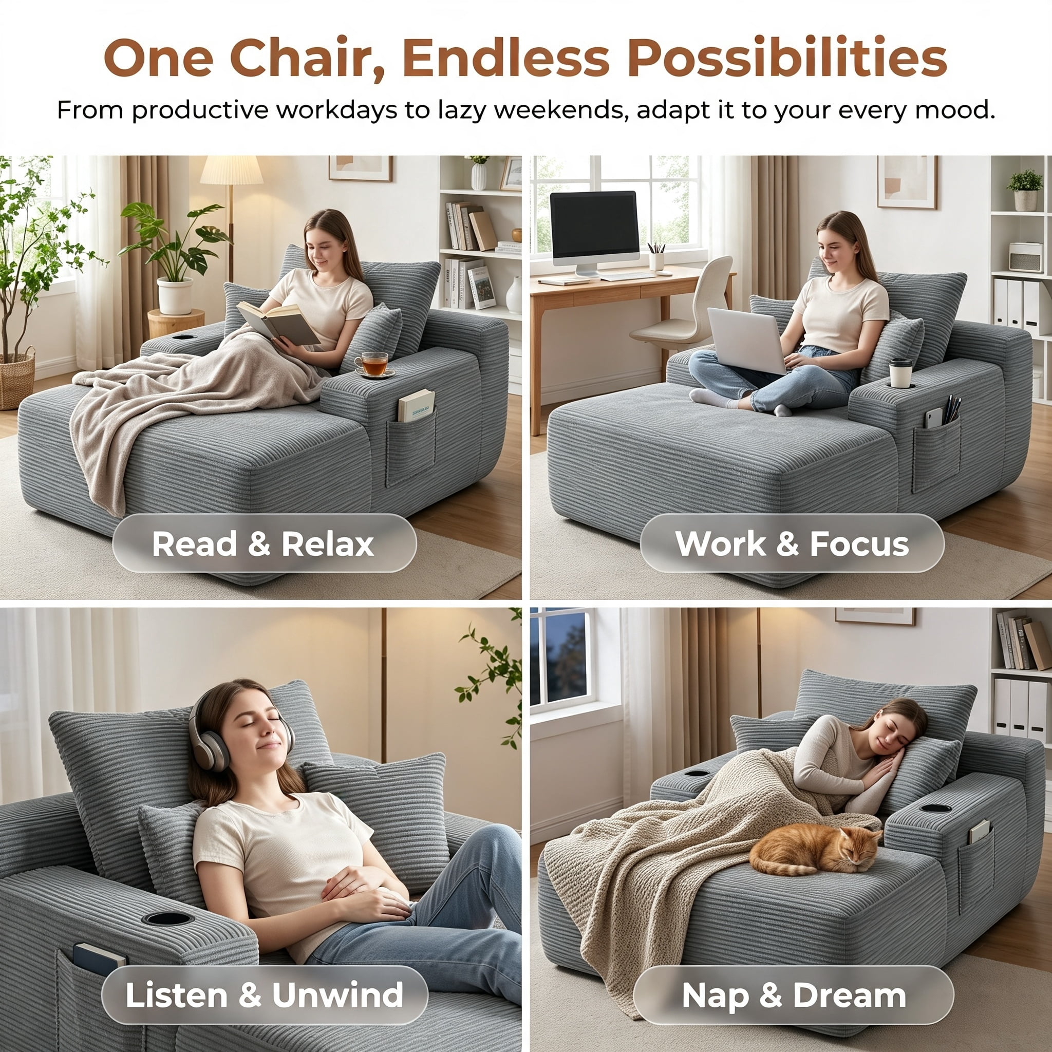 ShiKeyi 65'' Chaise Lounge Chair Indoor, Boneless Sofa Cloud, Plush Corduroy Chaise Couch with Cup Holders, Side Storage Pocket & Pillows, No Assembly Required, Gray