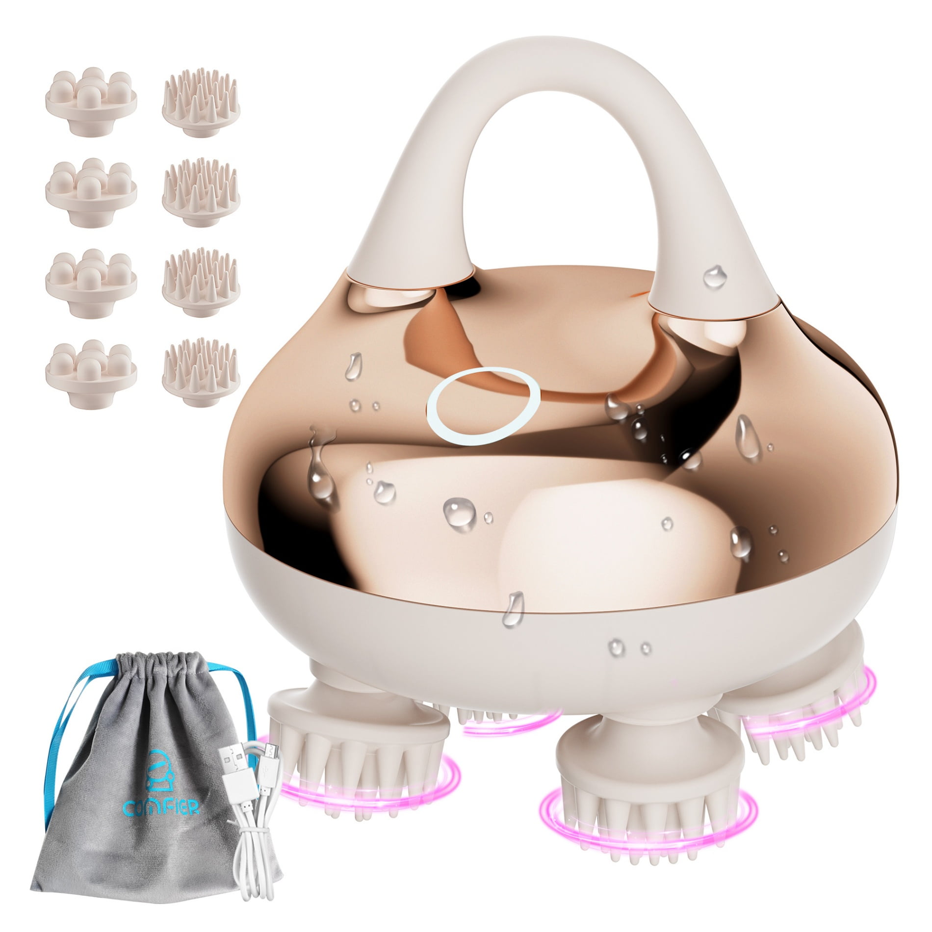 COMFIER Cordless Scalp Massager, Waterproof Electric Head Massager with 8 Silicone Claws, 3 Massage Modes, Rechargeable Handheld Scalp & Body Massager for Wet and Dry Use,Gold