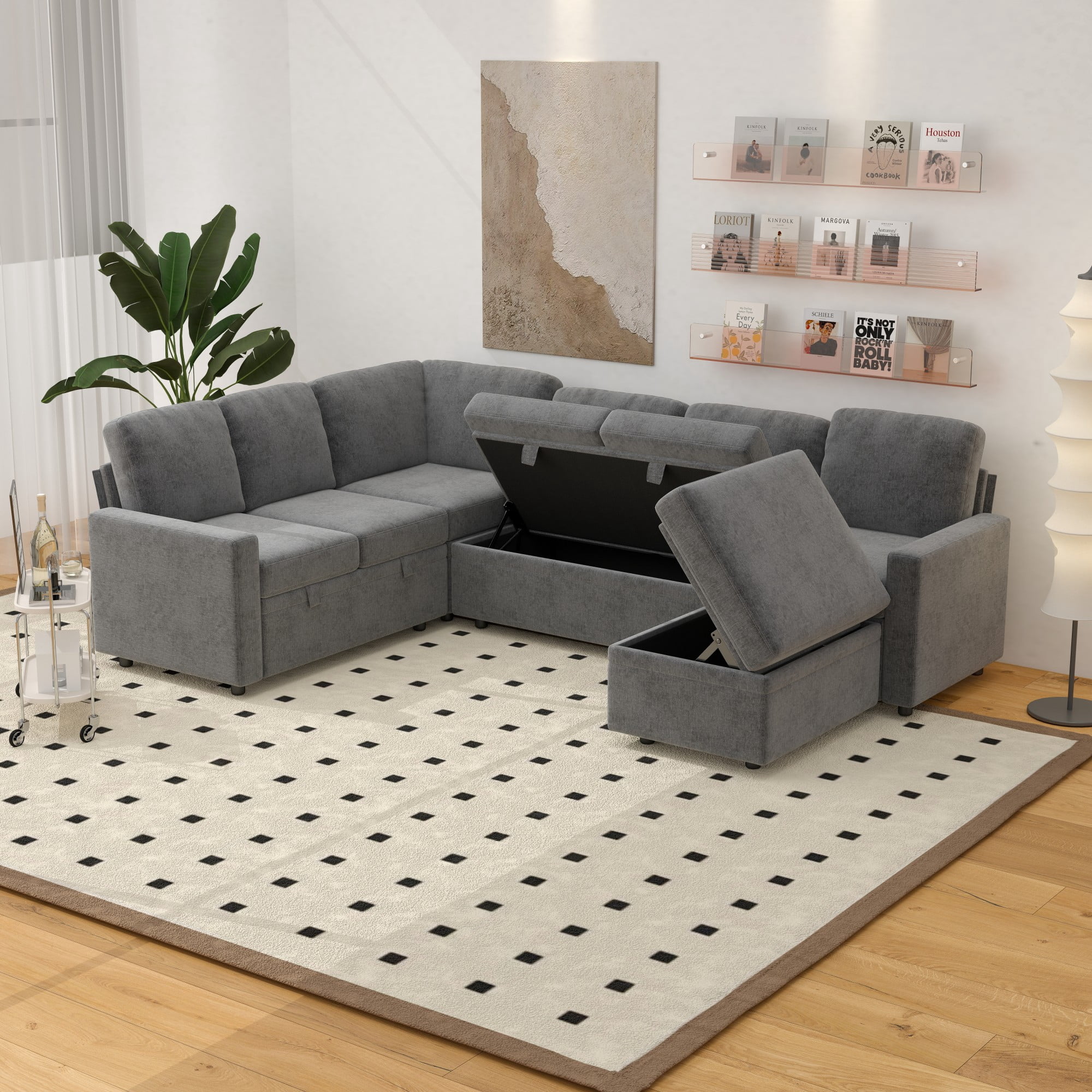 Gewnee 6-Seater Gray L-Shaped Convertible Sofa - Skin-Friendly & Wear-Resistant Chenille Fabric, Multifunctional Storage, for Living Rooms & Halls（including 1 footstool）