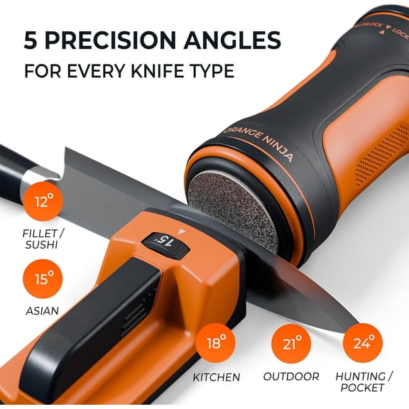 Orange Electric Rolling Knife Sharpener - 5 Adjustable Sharpening Angles (12 ° –24 ° )- 3-Stage Diamond & Ceramic Sharpening Discs – Fast & Easy Electric Knife Sharpener Kit