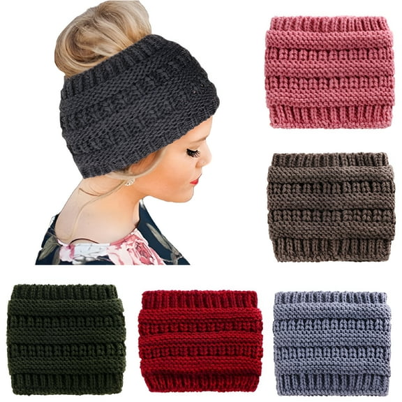 TELOLY Beanie Hats for Women Winter Warm Ponytail Hole Hair Cap Elastic Woolen Knitted Stretch Beanie Hat