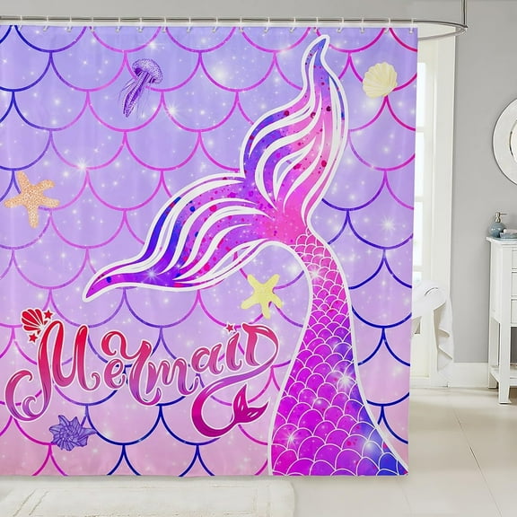 Mermaid Fish Scale Bath Curtain Pink Mermaid Scales Bathroom Shower Curtain Set for Boys Girls Fish Scales Shower Curtain Ocean Life Sea Animal Kids Bathroom Accessories Decorative 72"x72"
