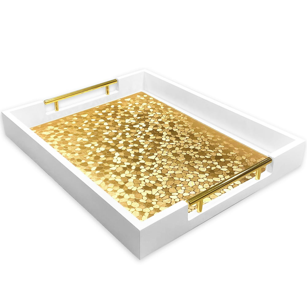 White Serving Tray with Gold Handles and Gold Placemat Ottoman Tray, Coffee Table Tray