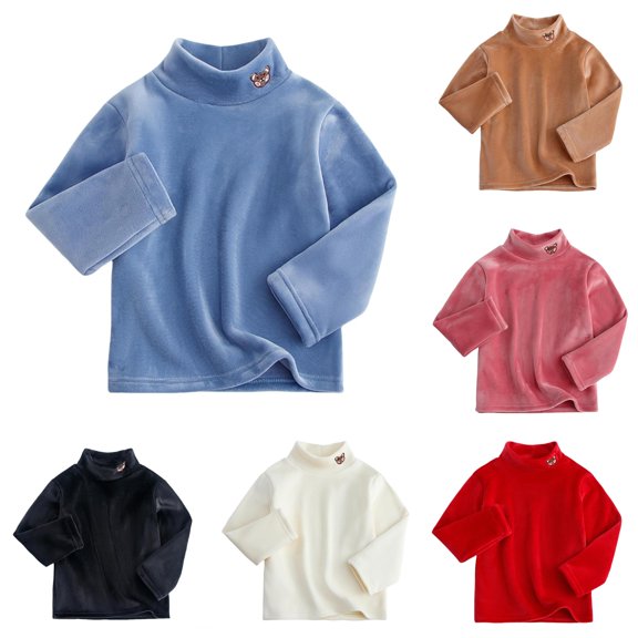 Krdevn Girls Velvet Neck Long Sleeve Layering Top Solid Pearl Button Decor Warm Fall Winter Basic Shirts Blue,5-6 Years