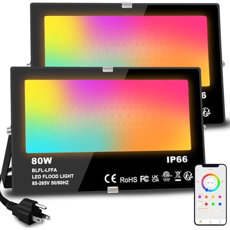 LED Flood Light Outdoor 800W Equivalent 8000LM Smart RGB Landscape Lighting with APP Control, DIY Scenes - Timing - Warm White 2700K - Color Changing Uplight, IP66 Waterproof US Plug (2Pack)