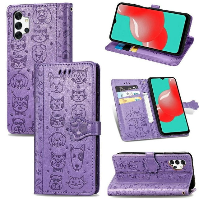 Funda Cartera FOXDOCK para Samsung Galaxy A32 5G , Flip PU con Relieve de Gatos y Perros, Tarjetero y Soporte