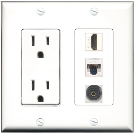 RiteAV - 15 Amp Power Outlet 1 Port HDMI 1 Port Toslink 1 Port Cat5e Ethernet White Decorative Wall Plate