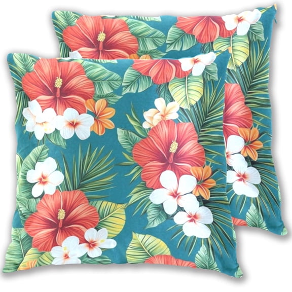 Tropical Flowers with Hibiscus Throw Pillow Covers 16x16 Inch 2 Packs Decorative Square for Living Room Couch Bed Sofa