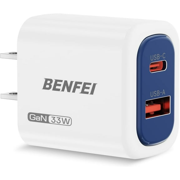 BENFEI 33W GaN USB C Wall Charger, 2-Port Fast Charger Block for iPhone 16/15 series, Galaxy S25/S24, iPad Pro, Steam Deck & More