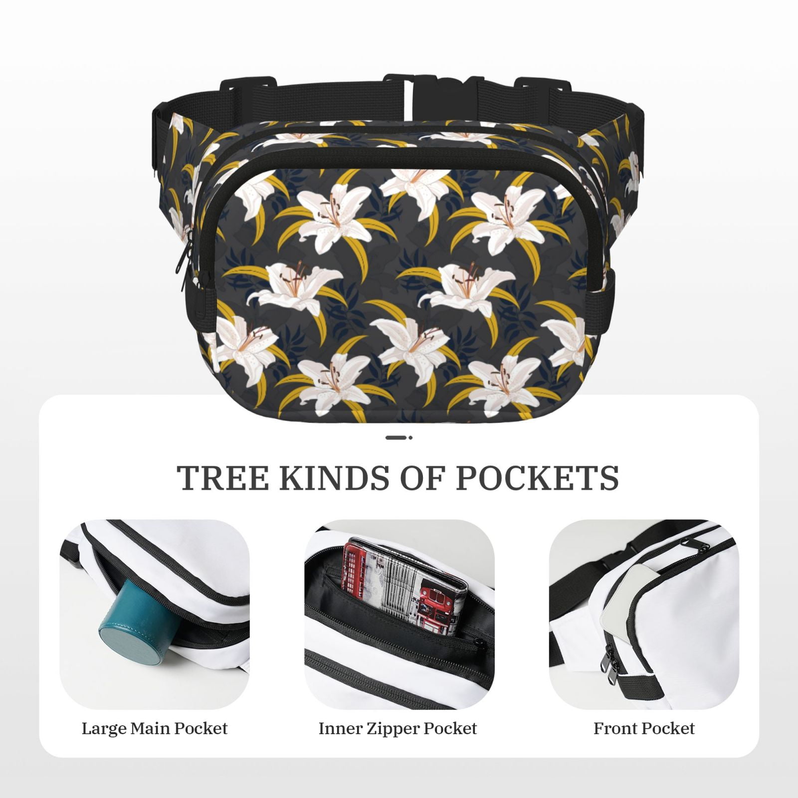 Picia Lilies Flowers Print Square Double-Layer Waist Bag Mini Adjustable Waist Belt Bag Exercise Running Travel Hiking