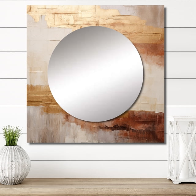 Designart "Abstract River In Minimal Gold And Beige I" northern lights Square Mirror Wall Decor Traditional - Large Beige Square Bathroom Mirror - Square Printed Wall Mirror Art