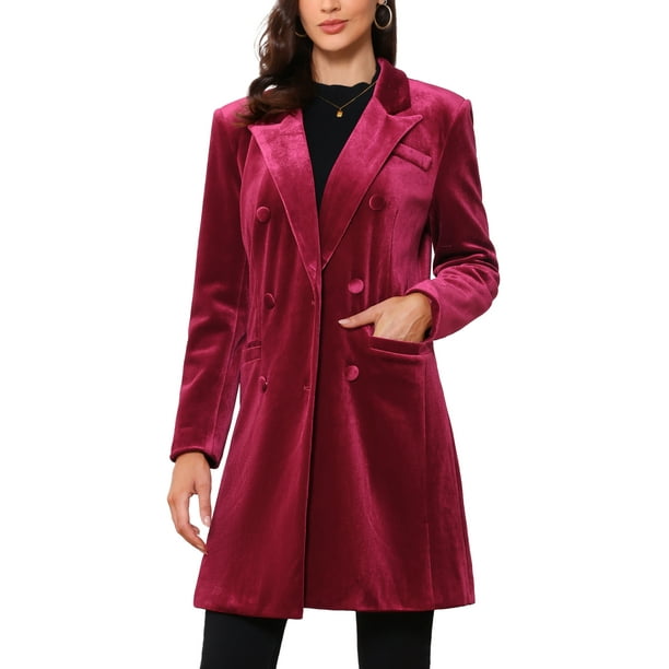 ABRIGO DE MUJER INSPIRE CHIC Terciopelo Solapa Doble Botonadura Manga Larga Abrigos de Invierno S Burdeos