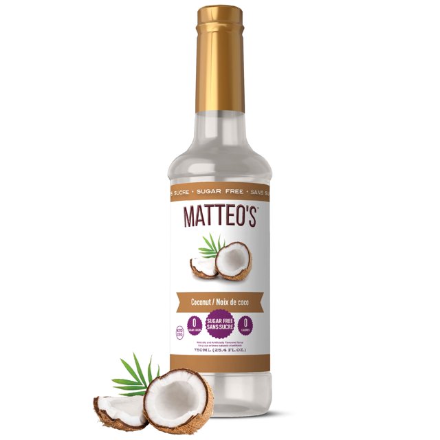 Matteo's Sugar Free Fruit Syrup, Coconut, 750mL, 0 Calories, 0 Sugar, (Single Bottle)