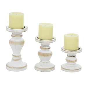 DecMode Farmhouse White Washed Wood Pillar Candle Holders Set of 3