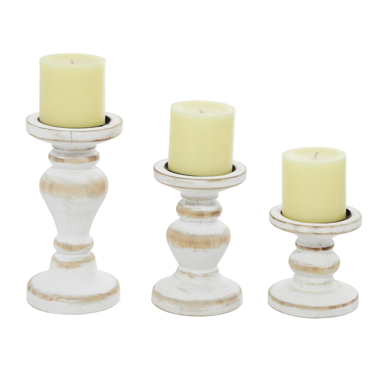 DecMode Farmhouse White Washed Wood Pillar Candle Holders Set of 3 photo 1
