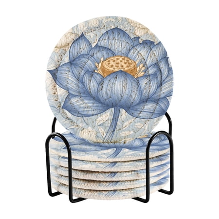 Watercolor Blue Lotus Figure Drink Coasters with Holder Absorbent Coaster for Coffee Table Room Decor 6 Pack