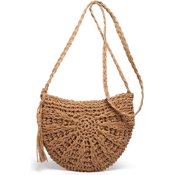Summer Round Straw Shoulder Bag for Women, Lightweight Woven Crossbody Beach Handbag