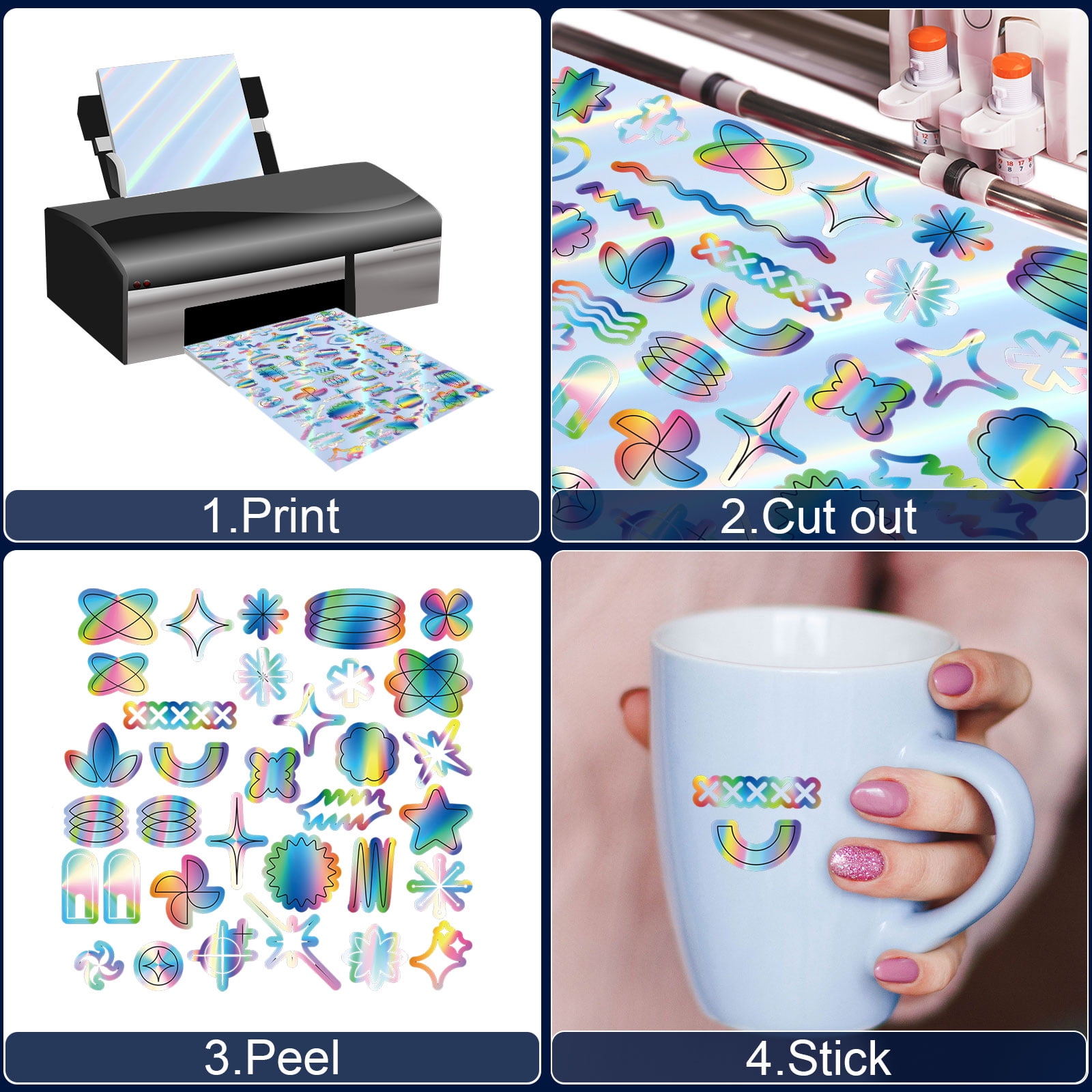 Uxcell 11.7x8.2" Printable Holographic Sticker Paper, 20Pcs A4 Glossy Rainbow Vinyl Sticker Paper Holographic, Style 2