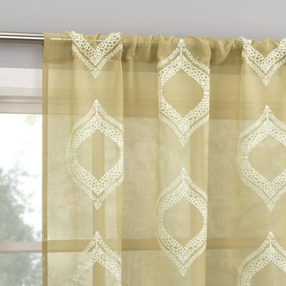 No. 918 Ravenna Embroidered Medallion Sheer Rod Pocket Curtain Panel, 50"W X 84"L, Taupe