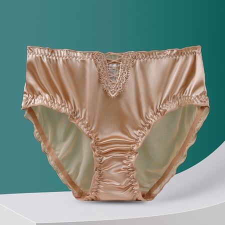 BONIXOOM Women's Sexy Panties, Satin Lace Trim Panties, Mesh Panel Comfort Briefs Beige L-2XL