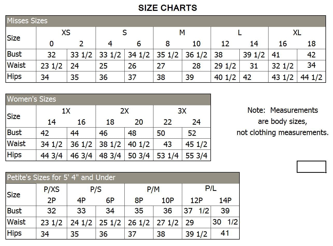 Misses Xl Size Chart