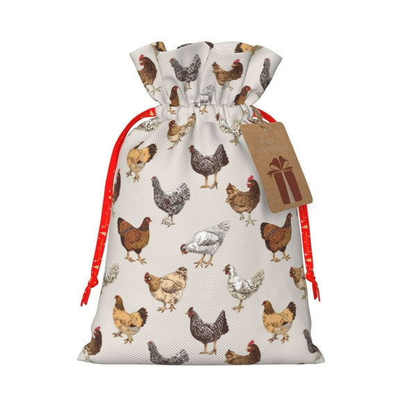 Fuzoiu Various Chicken Print Christmas Gift Bag,Burlap Gift Bag with Drawstring Closure & Hang Tag,Perfect for Holidays, Birthdays, and Special Occasions-Small
