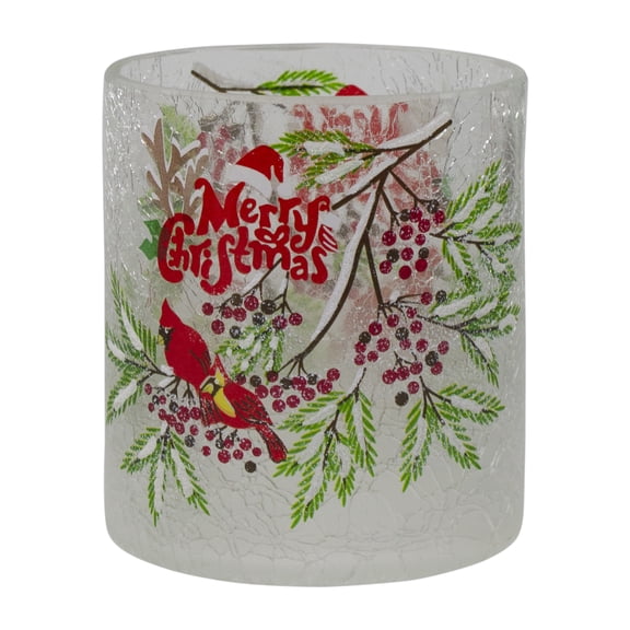 Northlight 8" Hand Painted Christmas Cardinal and Pine Flameless Glass Christmas Candle Holder