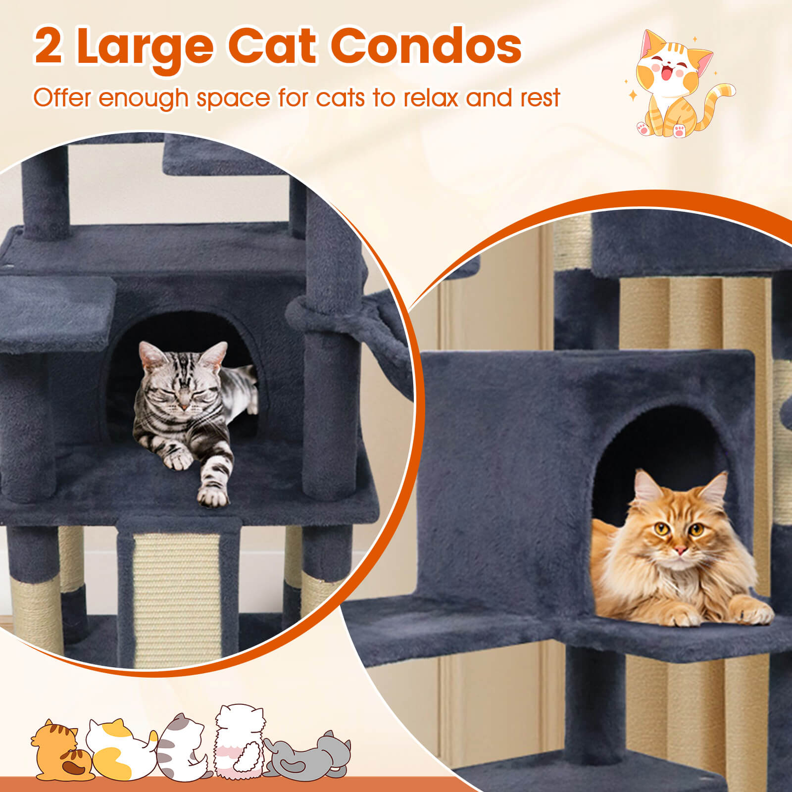 Costway 65” Tall Multi-level Cat Tree with 3 Upholstered Top Perch 2 Cat Condos Cat Basket Dark Gray