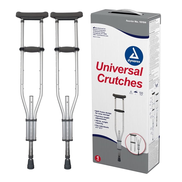 Muletas universales de aluminio Dynarex, para niños y adultos (de 1,40 m a 2,00 m), ajuste de altura con botón pulsador, axilas acolchadas y empuñaduras cómodas, capacidad de peso de 136 kg (300 lb),