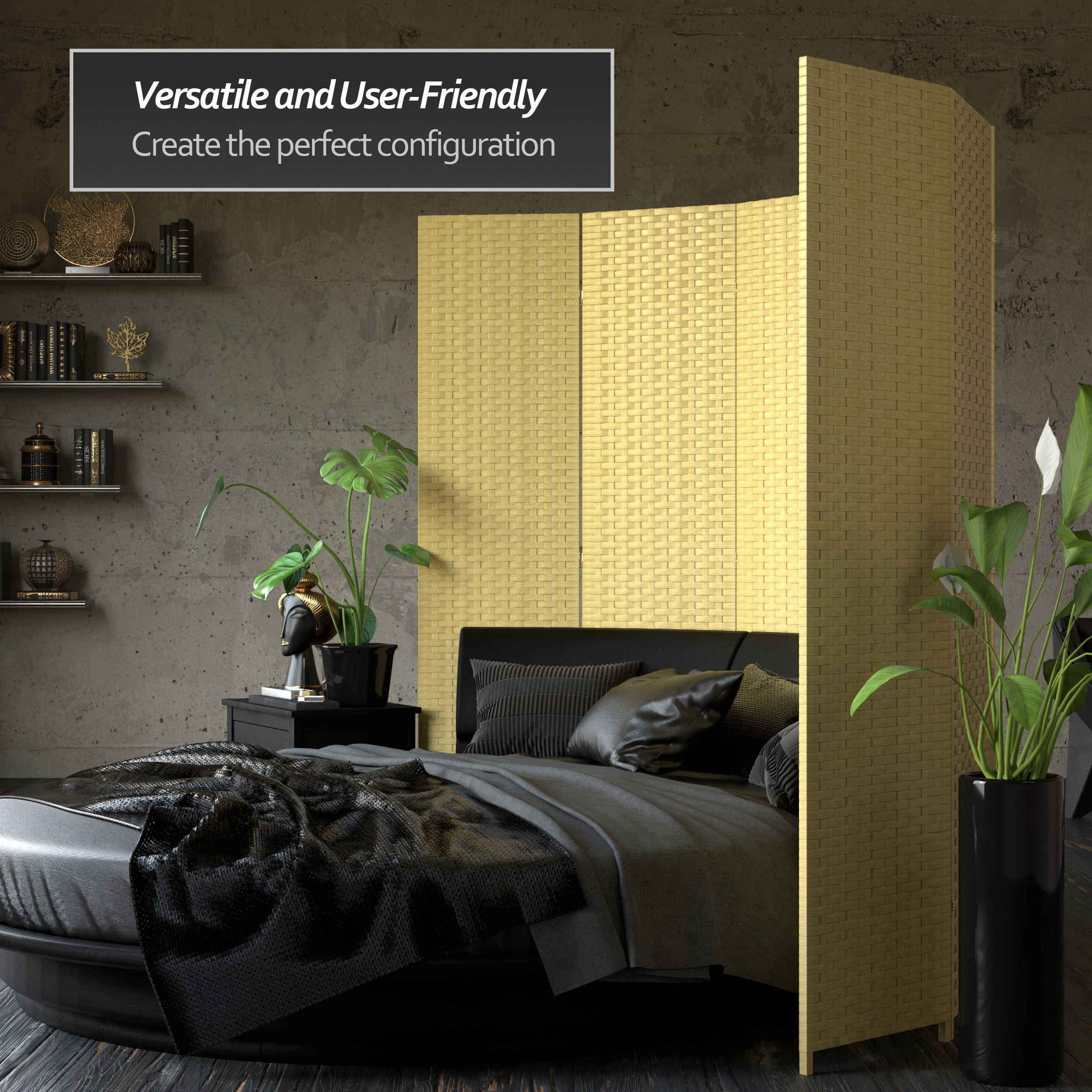 Red Lantern 7 ft. Tall Woven Fiber Folding Screen - Dark Beige - 4 Panel