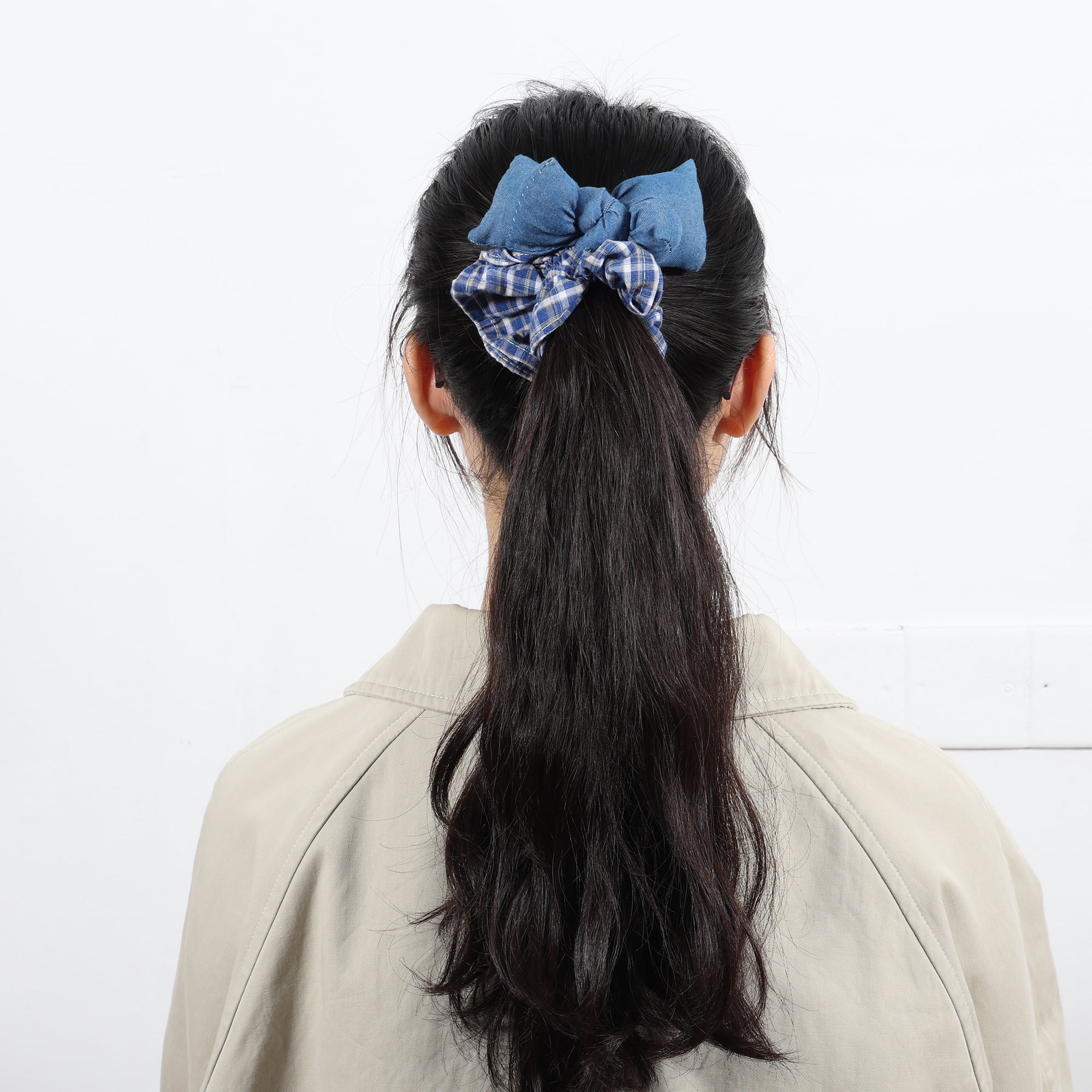 Unique Bargains Bow Denim Hair Ties Fashionable Daily Use Blue Light Plaid
