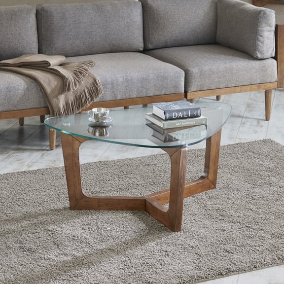 Pecan Solid Wood Coffee Table with Tempered Glass Top | Assembly Required