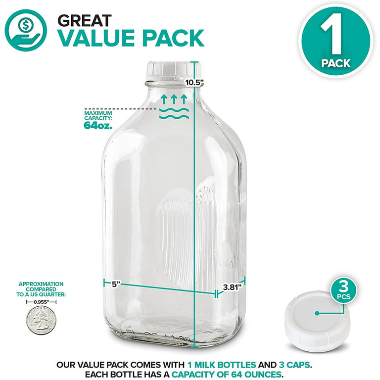 64 oz Clear Glass Milk Bottles (White Tamper-Evident Cap) - 9/Case, Clear Type III 48 mm