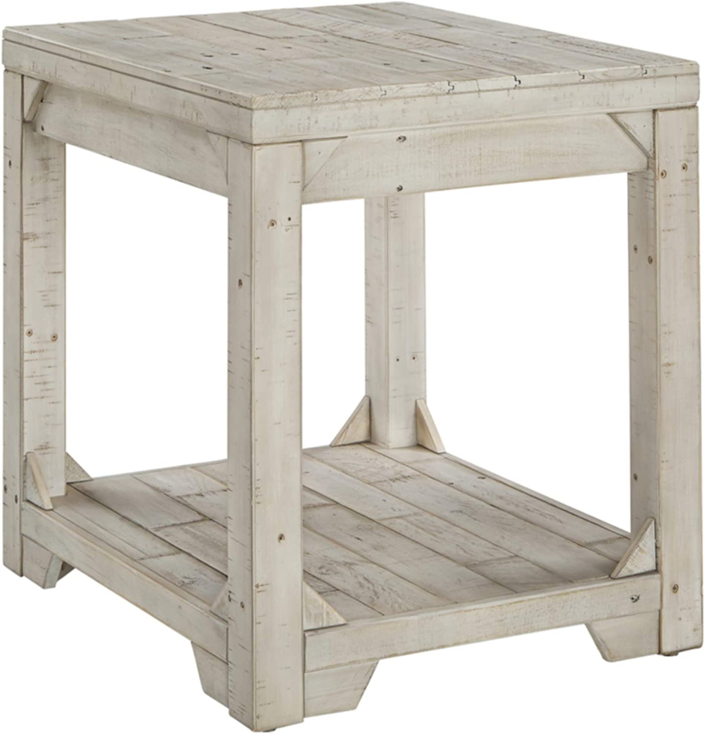 Fregine Farmhouse Square End Table with Floor Shelf Weathered White