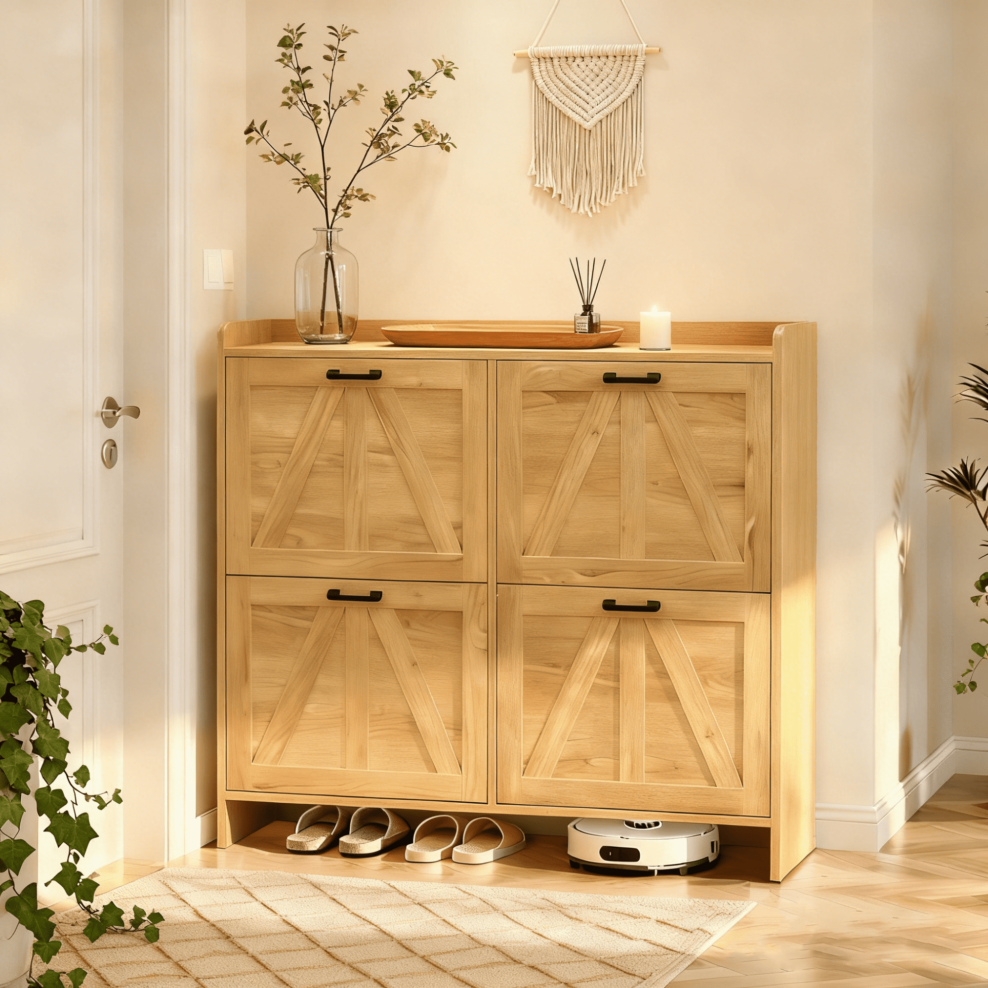 Leumius Modern Fence Shoe Cabinet with 4 Flip Drawers, Sleek Space-Saving Entryway Organizer for Living Room Oak