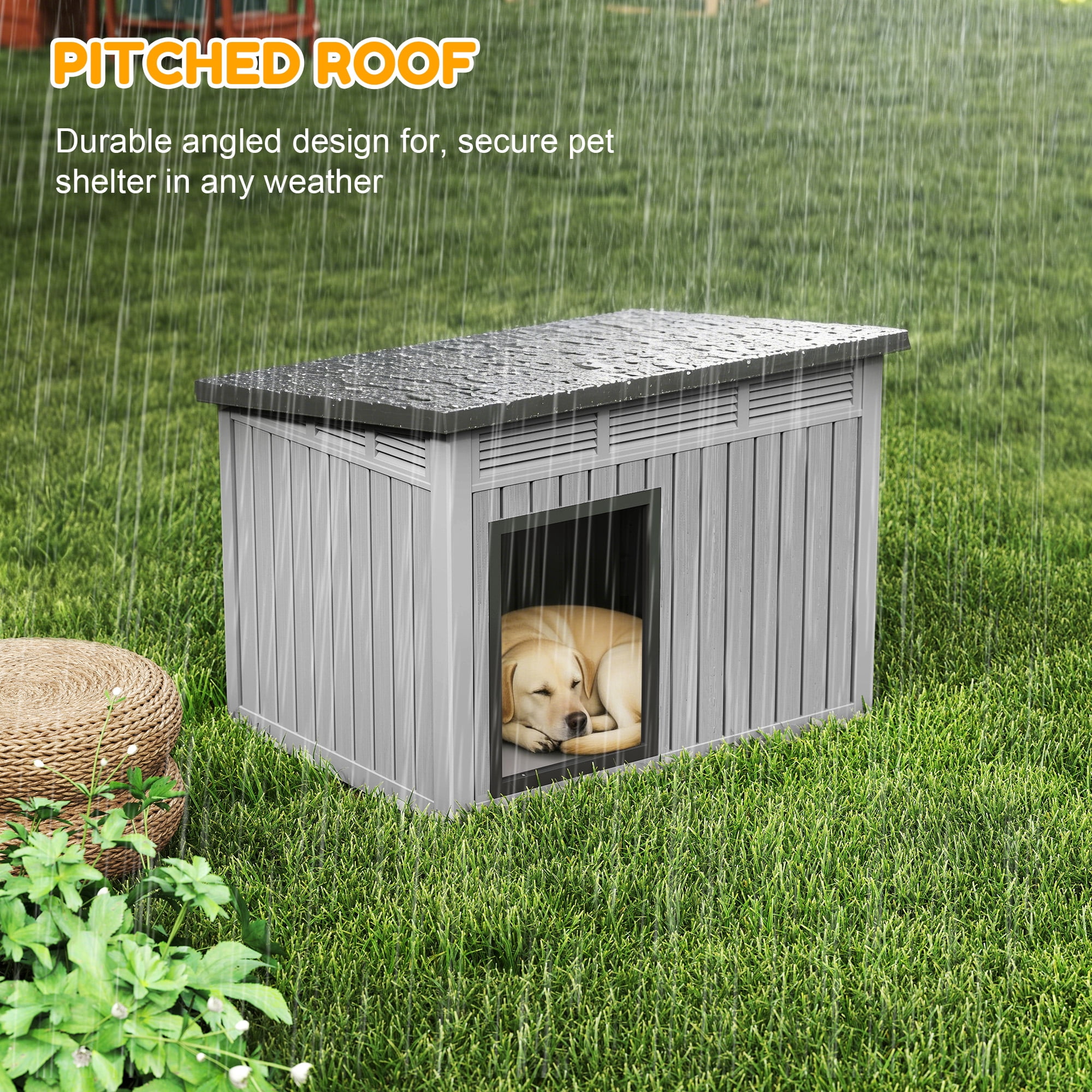 Nihsuao Waterproof Dog House for Medium to Large Dogs, Indoor Outdoor PP Kennel with Ventilated Design & Removable Roof, Easy to Clean, Gray, 42.2"L x 30"W x 31"H