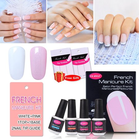 CLAVUZ French Manicure Kit Nail Gel Polish Top Coat and Base Coat Pink White Nail Lacquers DIY Nail Art at Home Nail Sticker Gift Box Set 8ML Long Lasting