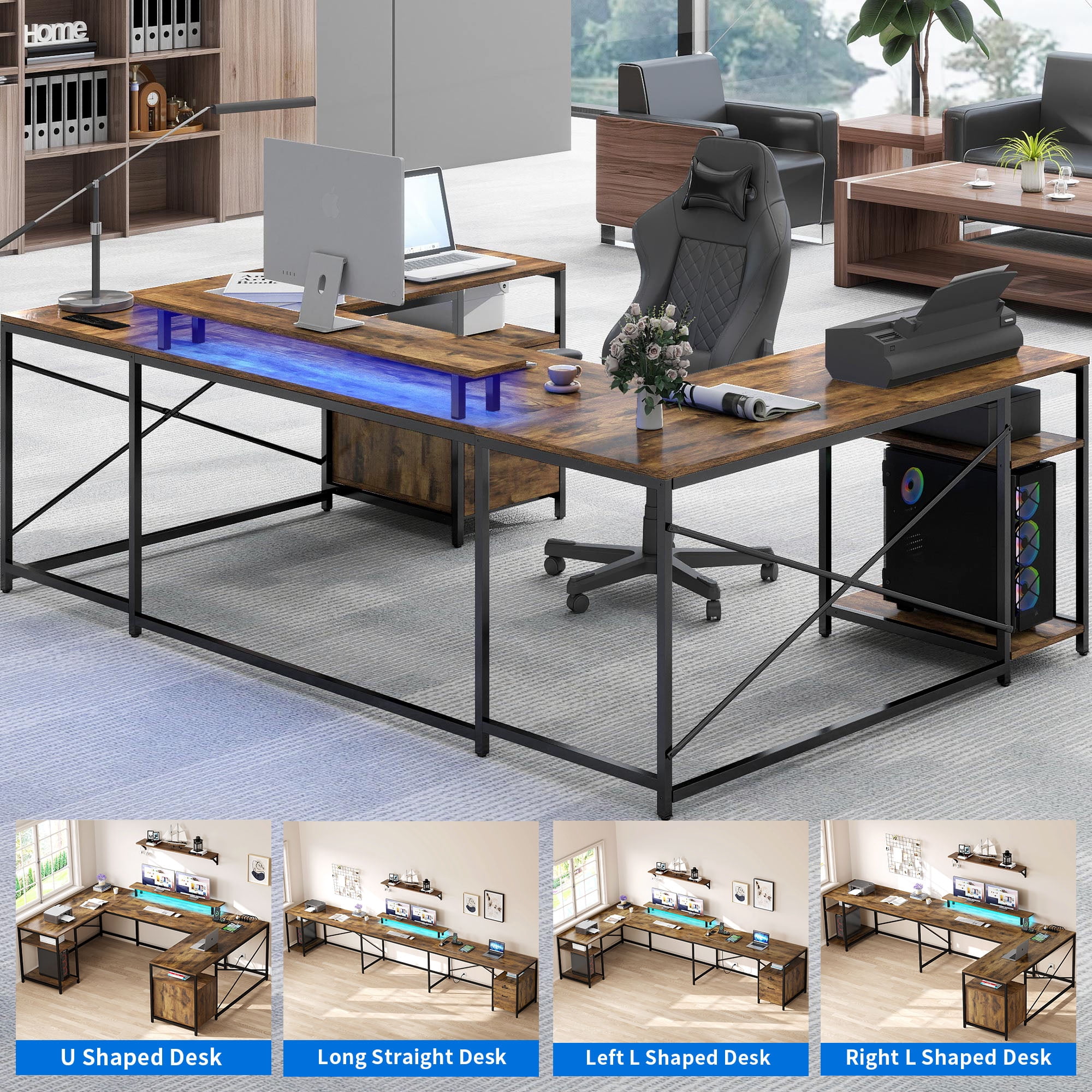 Dextrus L Shaped Desk with Power Outlets & LED Lights, Reversible Computer Desk with Drawers, ,Brown