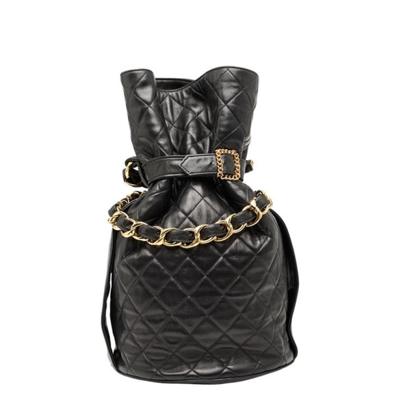 Pre-Owned CHANEL Coco Mark Matelasse Drawstring Chain Shoulder Bag in Black Lambskin... (Good)