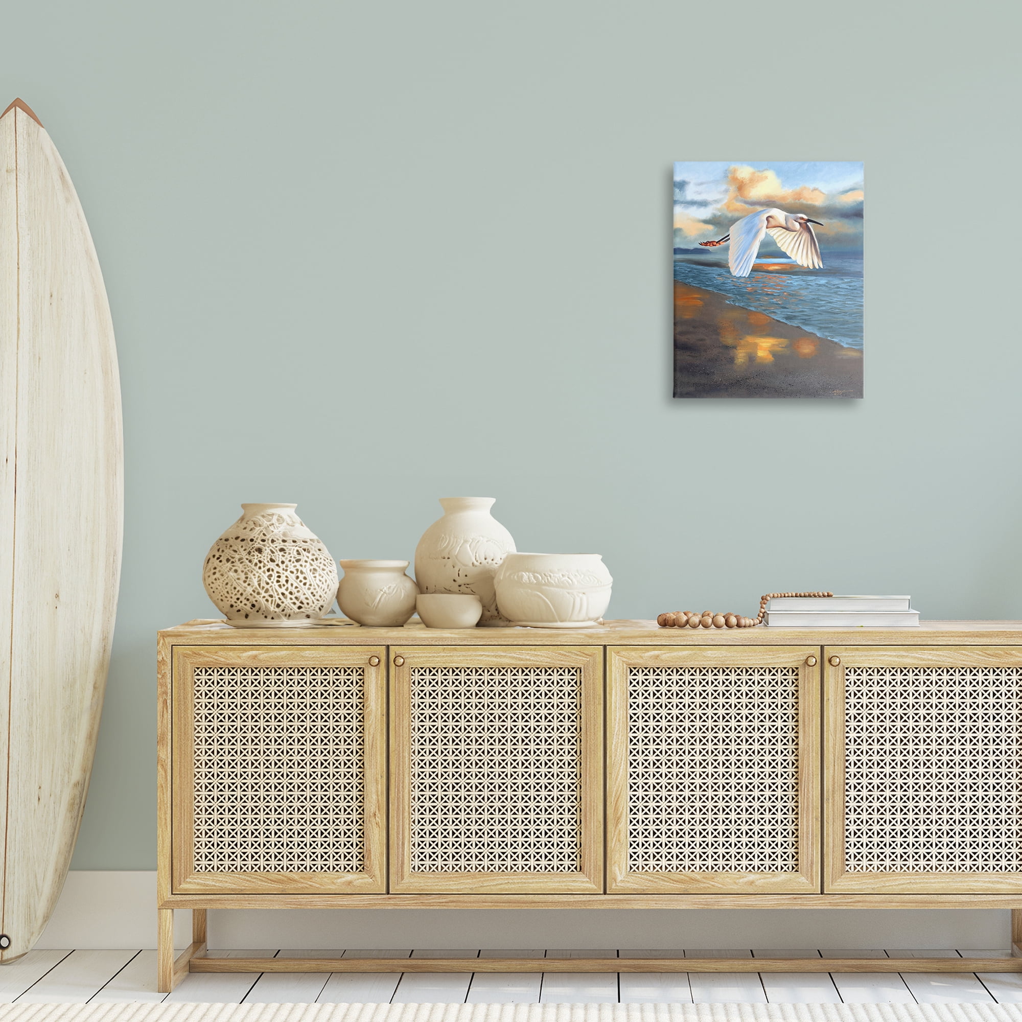 Stupell Industries Egret Wingspan over Beach Landscape Painting Gallery Wrapped Canvas Art Print Wall Art, 16 x 20