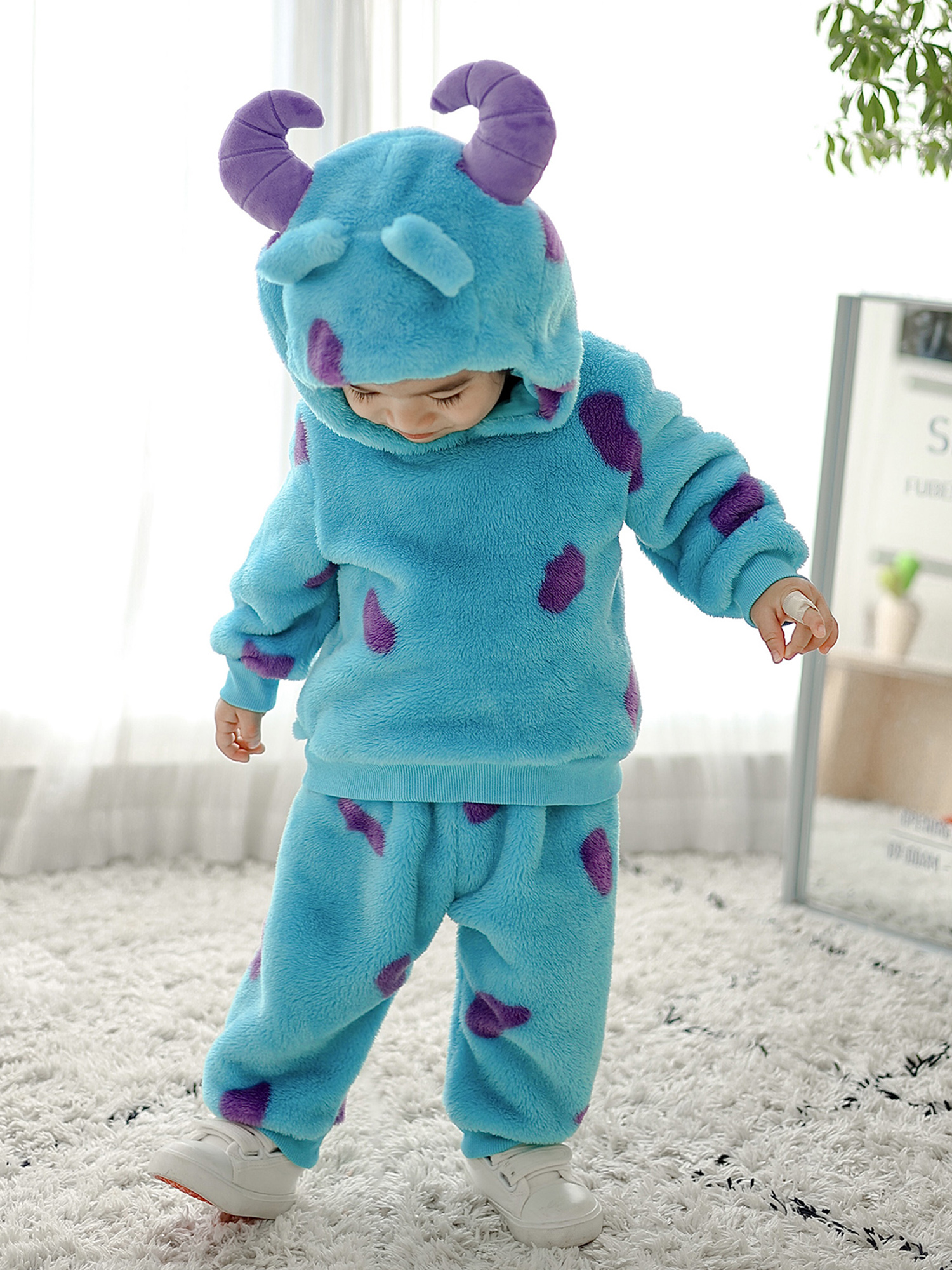 Toddler Girl Boy Halloween Monster Costume Funny Animal Cosplay Costume Long Sleeve Plush Horn Hooded Sweatshirts Pants Set Outfits Fall Winter Clothes